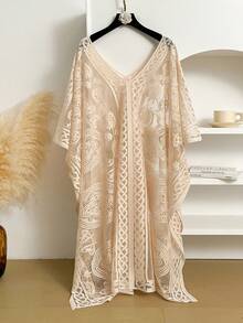 Women's Floral Lace V-Neck Kimono Cover-Up Sheer Mesh Long Bohemian Beach Vacation Robe Shawl Casual Everyday Wear Available In Multiple Colors One Size - màu đen - Xem 8