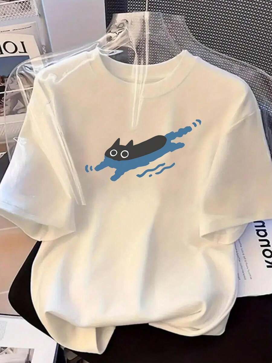 Camiseta de manga corta suave para mujer, estilo universitario urbano, con lindo estampado de animales coreanos, con etiqueta de talla, cómoda para deportes diarios y de moda, Playera de manga larga para mujer - Lavable a máquina - Blanco - Ver 1