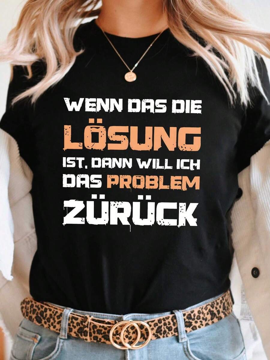 Una divertida y atractiva camiseta con diseño alemán, de manga corta y cuello redondo, perfecta para uso casual en verano y primavera, especialmente diseñada para mujeres. - Negro - Ver 1