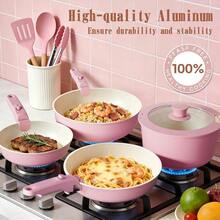 Pots And Pans Set Non Stick, 21 Pcs Nonstick Ceramic Cookware Set, RV Kitchen Cooking Set With Detachable Handles, Oven Induction Cookware, Stackable, Pink, - View 3
