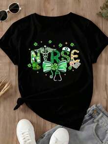 Women's St. Patrick's Day Short Sleeve T-Shirt With Nurse, Shamrock And Sedic Symbols Design For St. Patrick's Day Celebration - Urban Vintage Style, Unisex, Loose Fit, Cotton, Crew Neck And Short Sleeve. - 黑色 - 查看 2