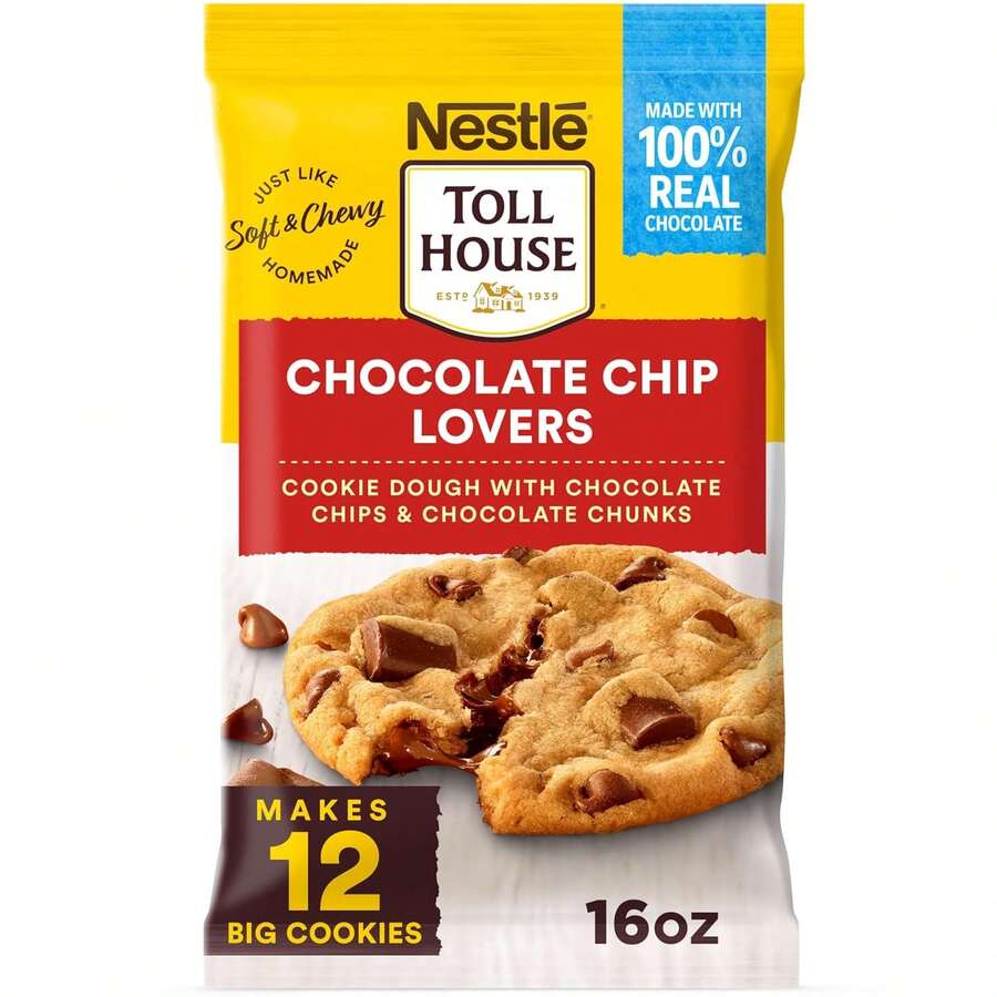 Nestle' Nestle Toll House Chocolate Chip And Chocolate Chunk Cookie Dough With 100% Real Chocolate Chips – 12 Big Ready To Bake Chocolate Chip Cookies 16 Oz - Default - View 1