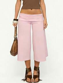 Y2K Fold-Over Waist Wide Leg Cropped Culottes, Low-Rise Casual Knit Pants For Women, Multi-Color Options - 粉色 - 查看 1