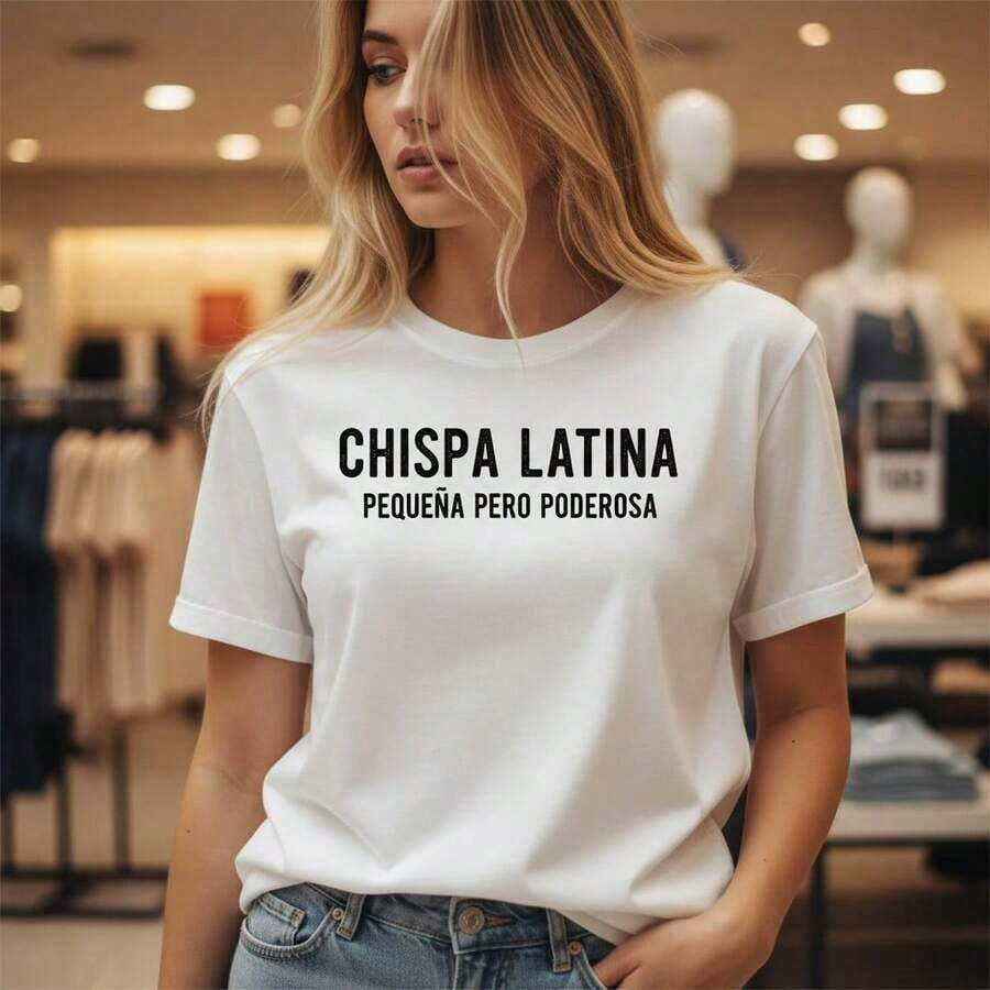 Women's Vintage Cotton T-Shirt With "Chaparita Pero Chingona" Graphic Print, Short Sleeve, Round Neck, Casual Style, Loose Fit For Everyday Wear, Sizes S-5XL Available, BlackFashion - 白色 - 查看 1