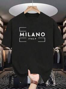 Camisetas manga corta mujer, Camiseta casual de hombre 100% algodón, con estampado de texto "Milano Italy", cuello redondo, manga corta, transpirable, blanca, para uso diario y estilo urbano. - Negro - Ver 5
