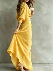 Robe élégante à col en V, manches longues, couleur unie pour femmes au printemps/automne, taille ajustée avec design de nœud latéral, tissu tissé non extensible, ourlet fendu jaune - Jaune citron - Voir 2