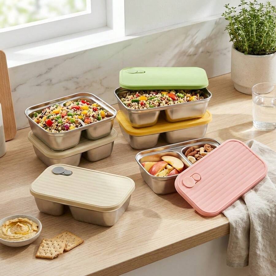 304 Stainless Steel Food Container, Stackable Refrigerator Sealed Fresh-Keeping Box, Fruit And Vegetable Meat Storage Box With Lid, Large Capacity Food Preservation Box, Suitable For Kitchen Food Storage And Organization - Multicolor - View 1