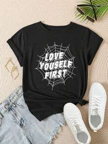 Camiseta Casual de Moda para Mujer con Estampado de Telaraña "Vintage Love Yourself First", Adecuada para Todas las Temporadas  
 -WhiteFashion - Negro - Ver 2