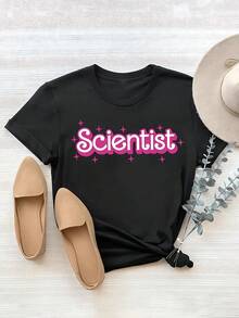Playera de mujer de algodón puro con estampado Scientist", cuello redondo, estilo casual, suave, transpirable, ideal para verano, moda diaria cómoda y moderna - Negro - Ver 6