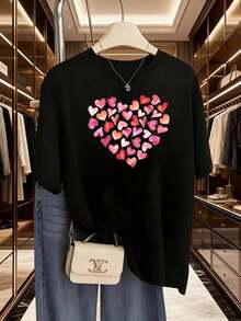 Plus Size Women's Short Sleeve T-Shirts For Summer, Everyday Basic Tops, New Short Sleeve T-Shirt 2026, Beautiful Women's Artistic Style T-Shirt With Colorful Heart For Valentine's Day 2026, Versatile Top + Machine Washable, Gift Idea, Breathable And Comfortable. - 黑色 - 查看 1