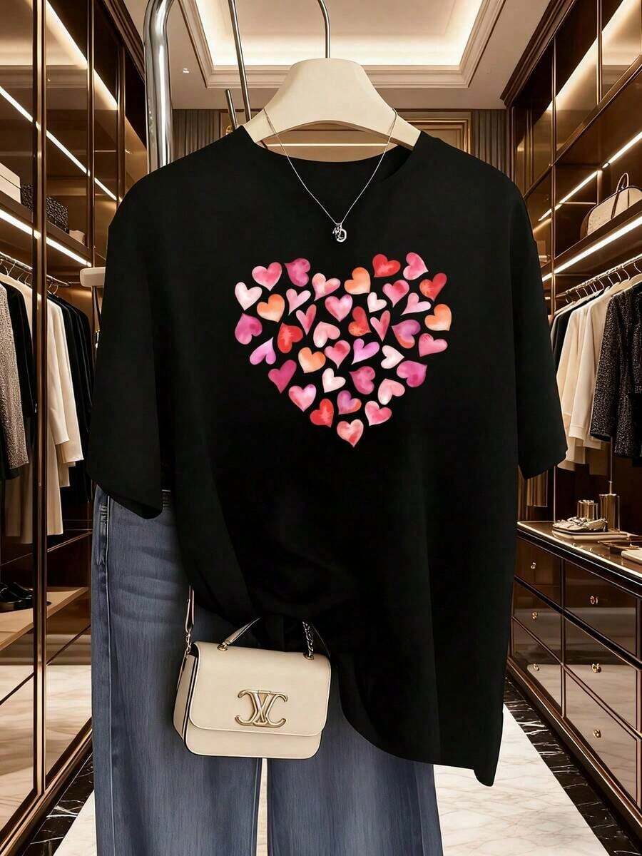Plus Size Women's Short Sleeve T-Shirts For Summer, Everyday Basic Tops, New Short Sleeve T-Shirt 2026, Beautiful Women's Artistic Style T-Shirt With Colorful Heart For Valentine's Day 2026, Versatile Top + Machine Washable, Gift Idea, Breathable And Comfortable. - 黑色 - 查看 1
