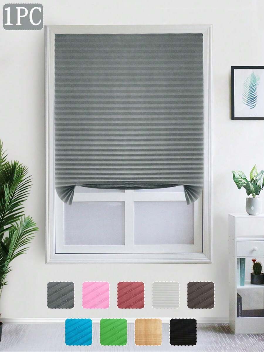 1pc Solid Color Semi-Sheer Pleated Curtain, Lightweight Pleated Curtain With No Drill Holes, Semi-Transparent Solid Color Pleated Curtain, Temporary Blackout Curtain, Adhesive Pleated Curtain, Easy To Cut And Install, Classic Minimalist Design, Suitable For Study, Living Room, Bedroom, Bathroom And Other Windows - Multicolor - View 1