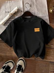 Women's Vintage T-Shirt [Double-Sided Print], Short-Sleeved, Round Neck, Casual Style, With The Brand "Champagne" And The Phrase "Champagne For Breakfast" Printed In A Yellow Rectangle On The Back, Machine Washable, Suitable For Casual Wear, Multi-Purpose Clothing, Fashionable T-Shirt, Comfortable Material, For Fashion Enthusiasts. - 黑色 - 查看 3
