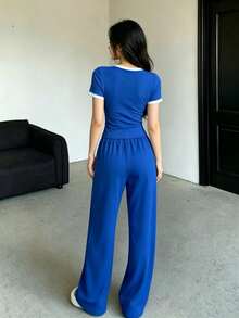 Regalo hasta agotar existencias, Set de 2 piezas de camiseta de cuello redondo holgada con estampado de letras y pantalones con cordón para mujer - Azul Marino - Ver 4