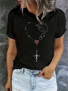 Camiseta mujer estilo minimalista estampado artístico corazón y cruz tela suave holgada cuello redondo manga corta primavera verano uso casual diarioPure-Cotton - Negro - Ver 7