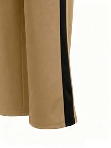 1pc Women's Fashion Versatile Contrast Color Front Zip High Waist Straight Leg Casual Pants, Black Office Work Trousers, Spring/Summer - Khaki - View 6