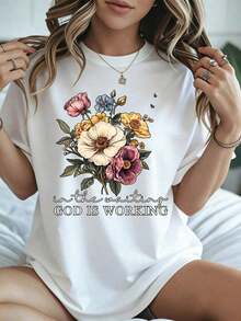 Women's T-Shirt With Easter Bouquet Floral Print And Inspirational Phrase: "In Hope God Acts", White, Spring Summer Casual Clothing - 白色 - 查看 8