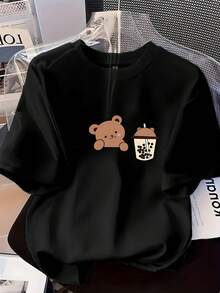 Women's T-Shirt: Fashionable Printed Short Sleeve T-Shirt For Ladies With Cute Bear And Milk Tea Cup Design, Round Neck, Casual, For All Seasons. - 黑色 - 查看 1
