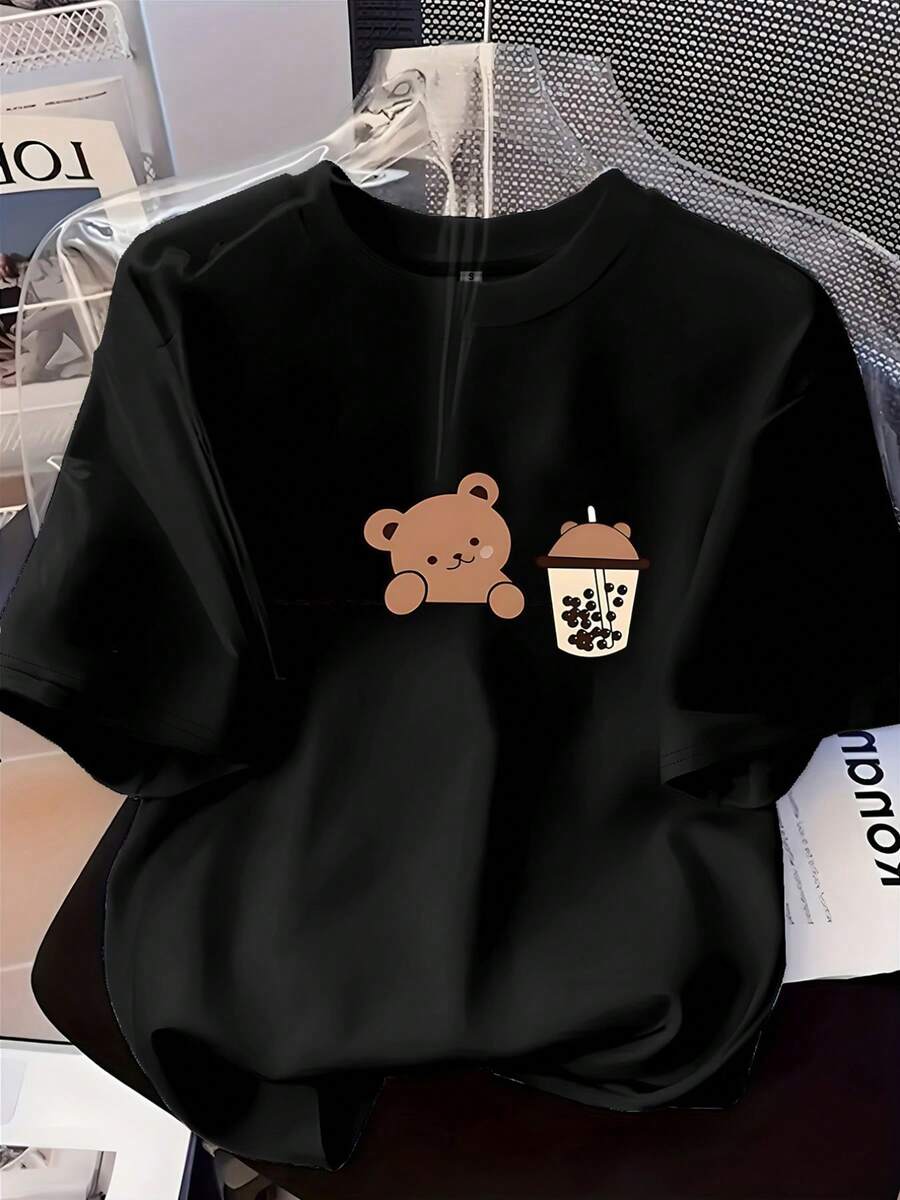 Women's T-Shirt: Fashionable Printed Short Sleeve T-Shirt For Ladies With Cute Bear And Milk Tea Cup Design, Round Neck, Casual, For All Seasons. - 黑色 - 查看 1
