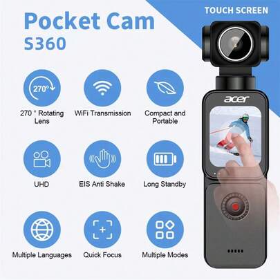 Acer S360 4K HD Portable Camera, Vlog Camera With 270° Rotating Wide Angle Lens, Support External Microphone And TF Card, Handheld Camcorder For Beginner, Outdoor Travel, WiFi Personal Recorder
