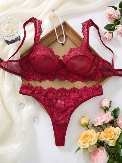2pcs Women's Burgundy Floral Lace Sheer Mesh Unpadded Lingerie Set, Sexy Underwear