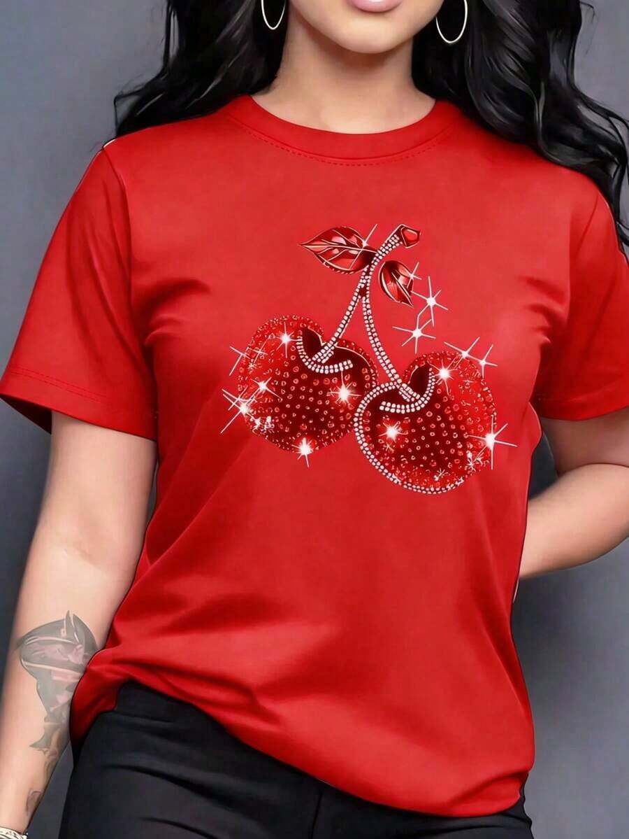 Solt 1pscPlayera básica mujer dama cuello redondo manga corta estampado GRAFICO DE FRUTAS CEREZA CEREZAS CHERRY CHERRIES BRILLANTE GRAPHIC Textura Suave Fortiz100%cotton graphic - Rojo - Ver 1