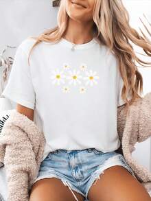 Women's T-Shirt, Printed T-Shirt, Casual Short-Sleeved Round Neck Top, Summer Clothes For Women, Tops For Women. - 白色 - 查看 1
