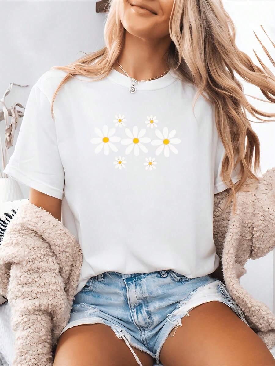 Women's T-Shirt, Printed T-Shirt, Casual Short-Sleeved Round Neck Top, Summer Clothes For Women, Tops For Women. - 白色 - 查看 1