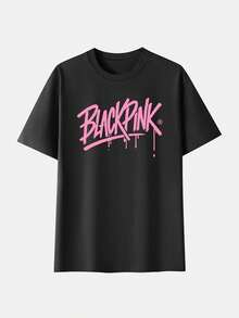 Camiseta Gráfica   para Mujer - Negro con Estampado Rosa "" en Estilo Graffiti - Diseño Moderno del Grupo de  - Top Cómodo de Cuello Redondo para Eventos de  y Looks Diarios - Camiseta Casual de Algodón Puro Lavable a Máquina, Tela Suave Premium, Tallas Completas S a XXL - Negro - Ver 2