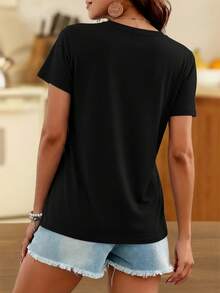 Casual T-Shirt New Women's Short Sleeve V-Neck T-Shirt For Spring And Summer, With A Stylish Printed Design, Made Of Soft And Comfortable Fabric, Easy Care And Machine Washable, Perfect For Outings And Home Wear During Spring And Summer 100% Cotton Durable - 黑色 - 查看 3