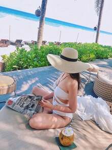 1 chiếc mũ rơm vành rộng dành cho nữ, có dây ruy băng đen, mũ che nắng đi biển. - Nhiều màu - Xem 7