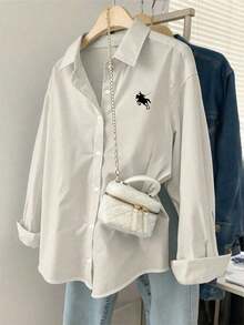Camisa de manga larga holgada con estampado minimalista para mujer - Albaricoque - Ver 6