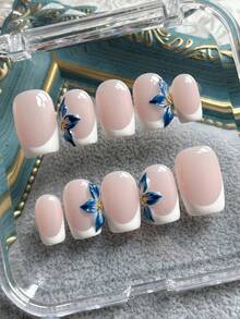 10 miếng dán móng tay vuông thủ công, màu hồng nude, đầu móng kiểu Pháp màu trắng, họa tiết hoa 3D màu xanh dương, móng giả acrylic tối giản dễ thương, phù hợp cho các bạn gái và phụ nữ sử dụng hàng ngày, đi nghỉ mát và đi học, bao gồm gel và dũa móng. - Nhiều màu - Xem 3