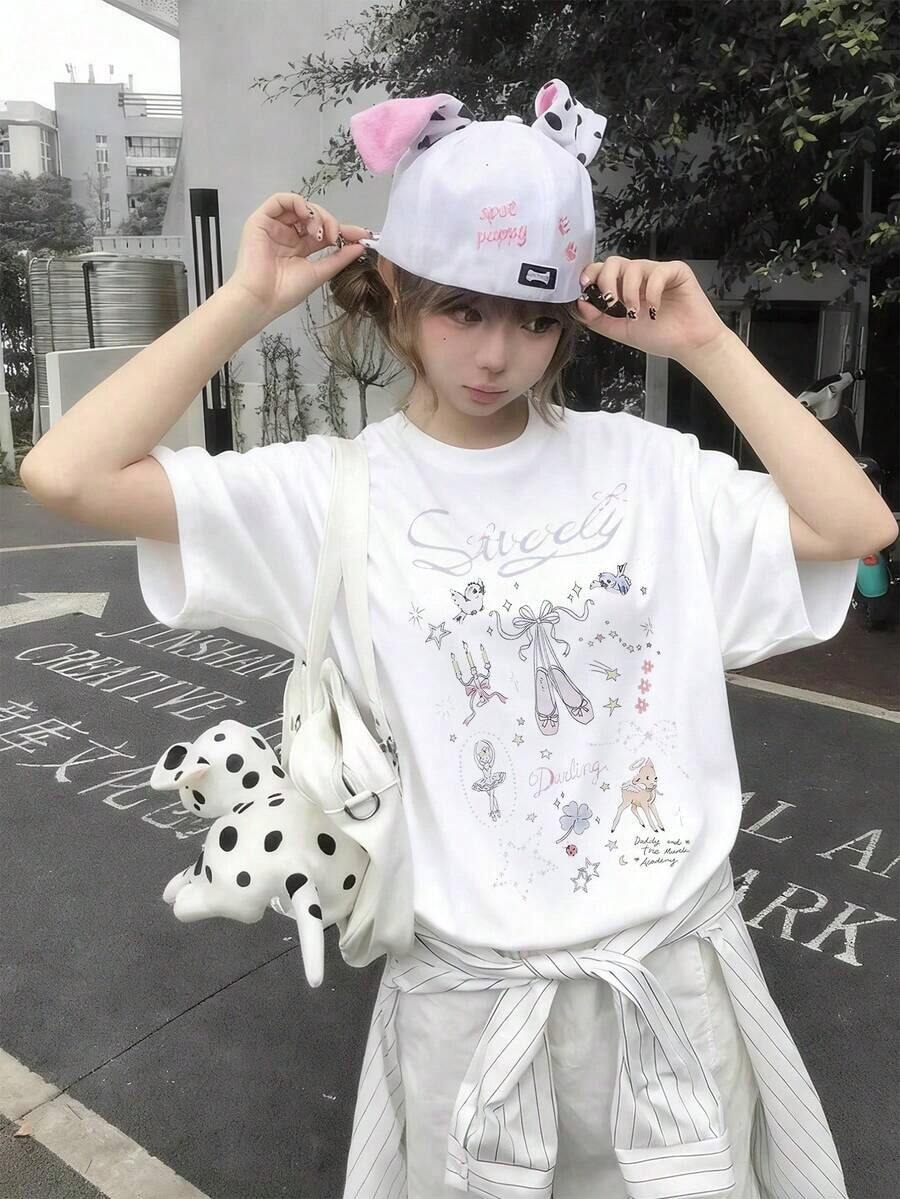 Women's Summer 2026 Custom Blouse, Round Neck, Casual Country Style Floral Print, Versatile Short Sleeve Sweet Korean Style Student T-Shirt, 1 Piece, Loose Cotton White Short Sleeve Round Neck T-Shirt, Urban Vintage Style. - 白色 - 查看 1