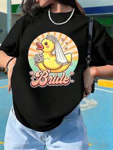 Camiseta de mujer Bride Duck Graphic para primavera, cuello redondo, corte holgado, estilo hip-hop urbano, ajuste cómodo, estampado llamativo. Blusas Bonito 100% Algodón - Negro - Ver 1