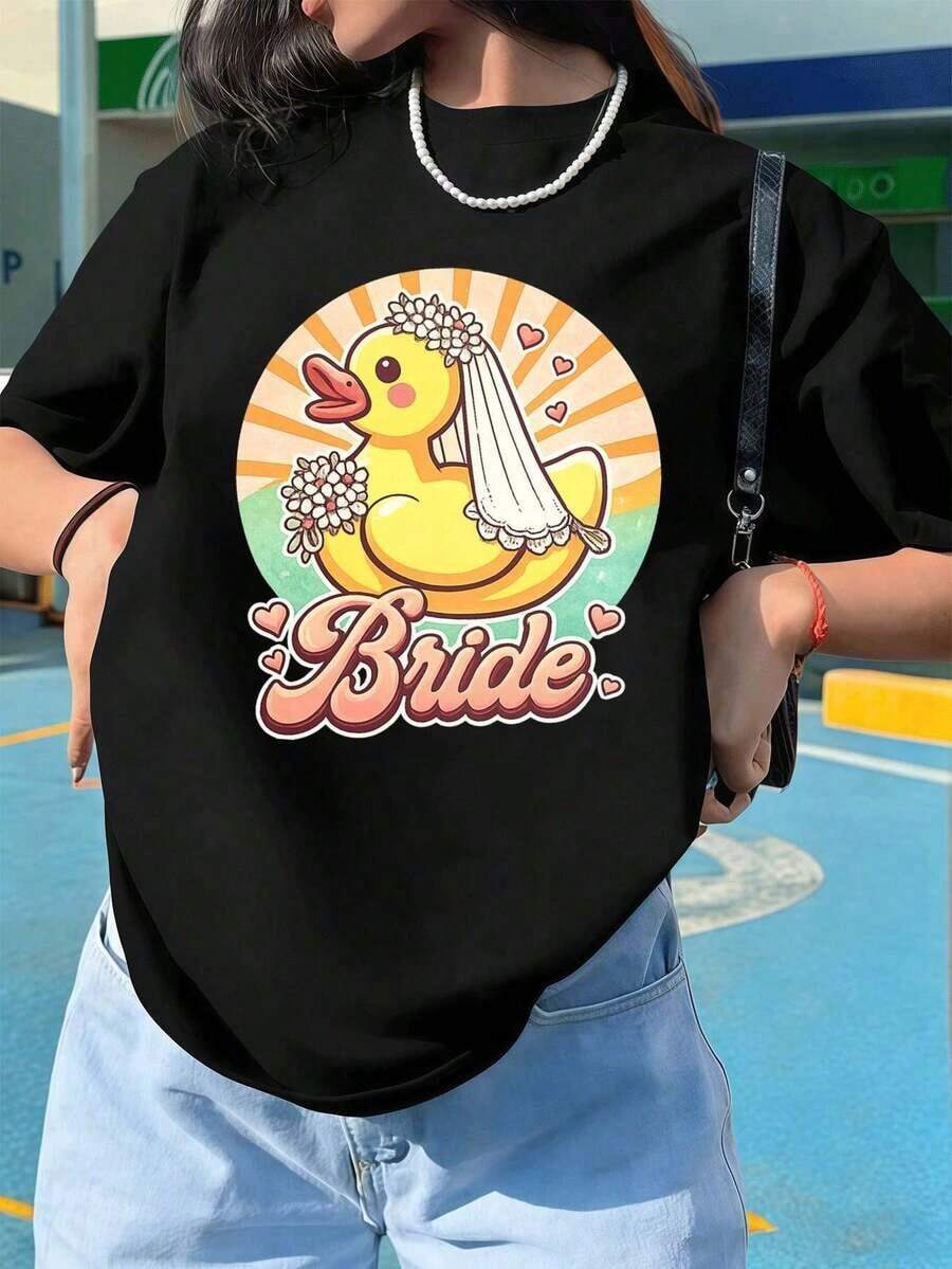 Camiseta de mujer Bride Duck Graphic para primavera, cuello redondo, corte holgado, estilo hip-hop urbano, ajuste cómodo, estampado llamativo. Blusas Bonito 100% Algodón - Negro - Ver 1