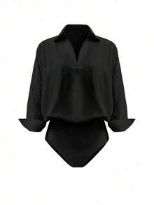 Body de manga larga y unicolor elegante para mujer - Negro - Ver 1