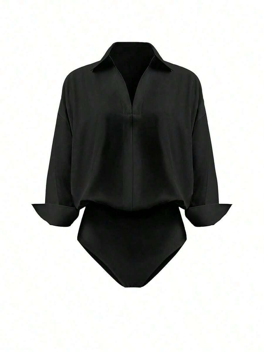 Body de manga larga y unicolor elegante para mujer - Negro - Ver 1