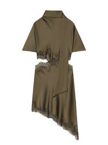 Vestido midi de cintura alta con calado de encaje, vestido asimétrico de longitud media con ajuste y ribete de encaje elegante - Café integral - Ver 7
