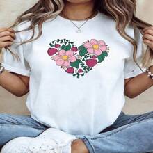 Womens Casual Cotton Short Sleeve Round Neck T-shirt with Floral Heart Print High Stretch Regular Fit Top - Blanco - Ver 1
