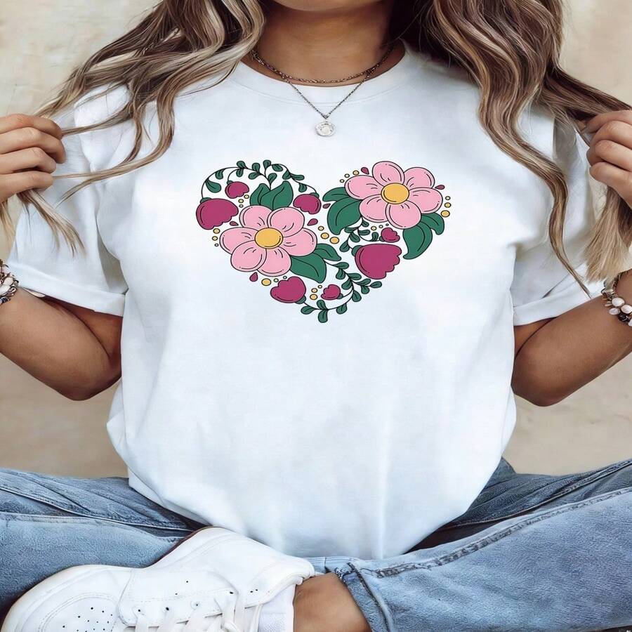 Womens Casual Cotton Short Sleeve Round Neck T-shirt with Floral Heart Print High Stretch Regular Fit Top - Blanco - Ver 1