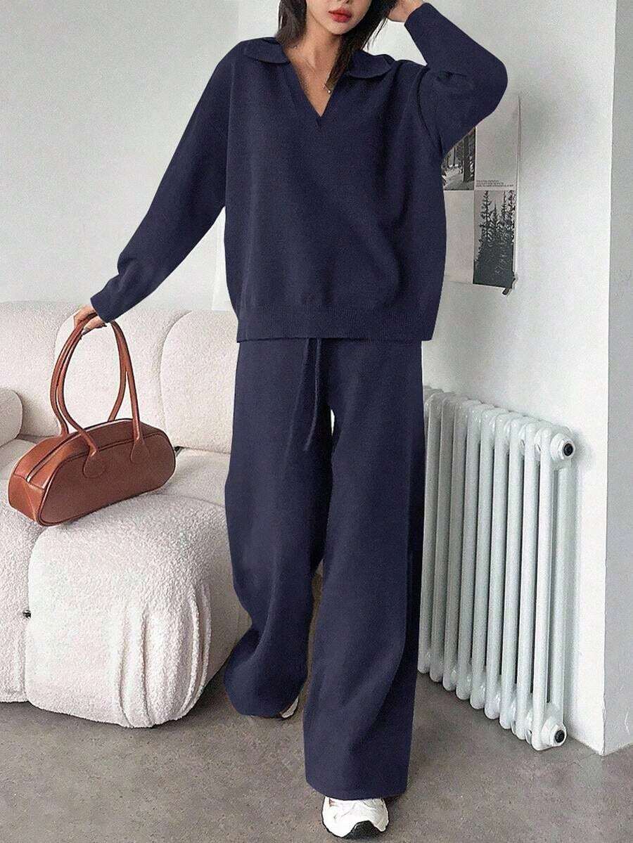 Conjunto de 2 piezas de suéter holgado de cuello vuelto de unicolor y pantalones de pierna ancha para mujer, otoño - Azul marino - Ver 1