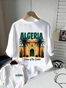 Camiseta com motivos arquitetônicos argelinos, estilo retrô, casual para o dia a dia, camiseta masculina, 100% algodão, ideal para atividades ao ar livre, viagens e férias, perfeita para o verão e para usar na praia. - Branco - Ver 2