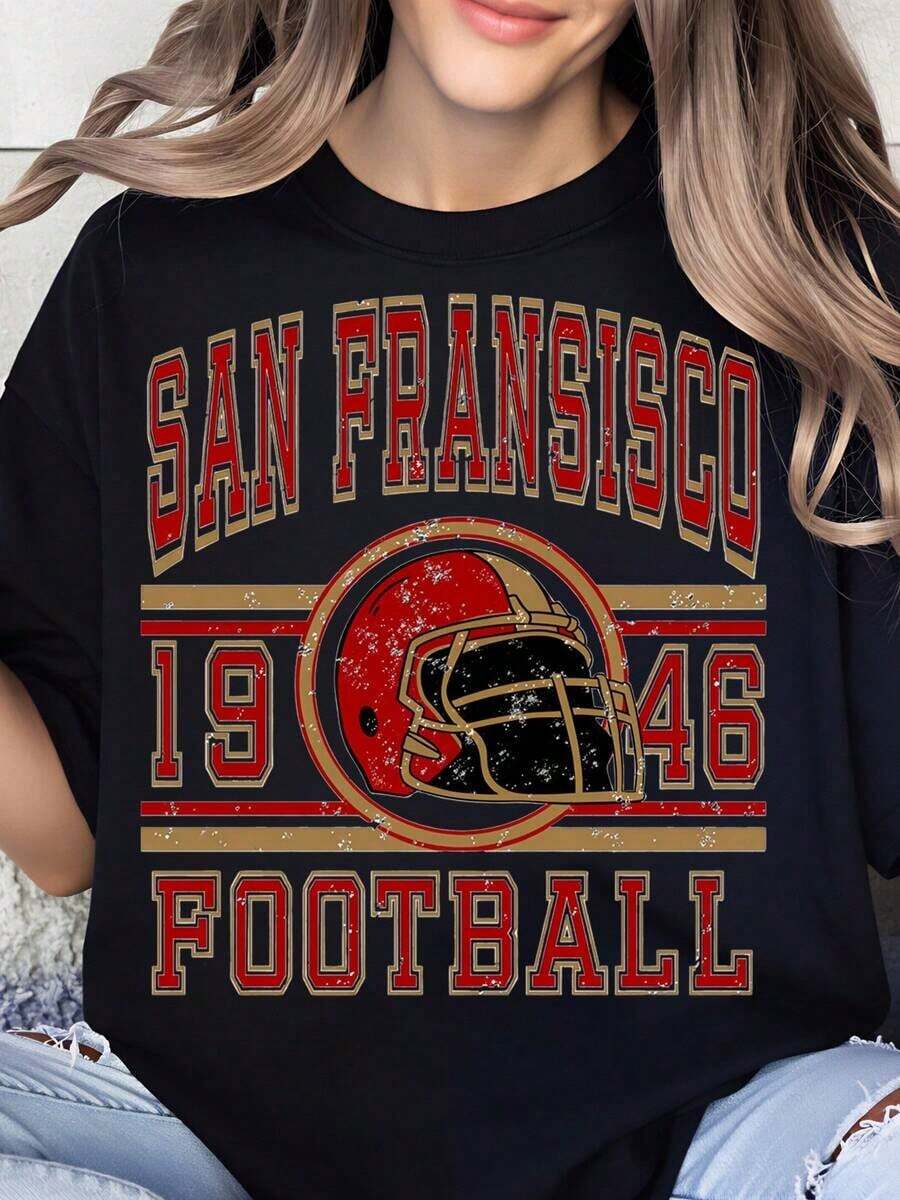 Camiseta Vintage con Casco de Fútbol Americano de San Francisco 1946, Diseño Deportivo Clásico, Ropa Casual Unisex para Fanáticos y Coleccionistas - Negro - Ver 1
