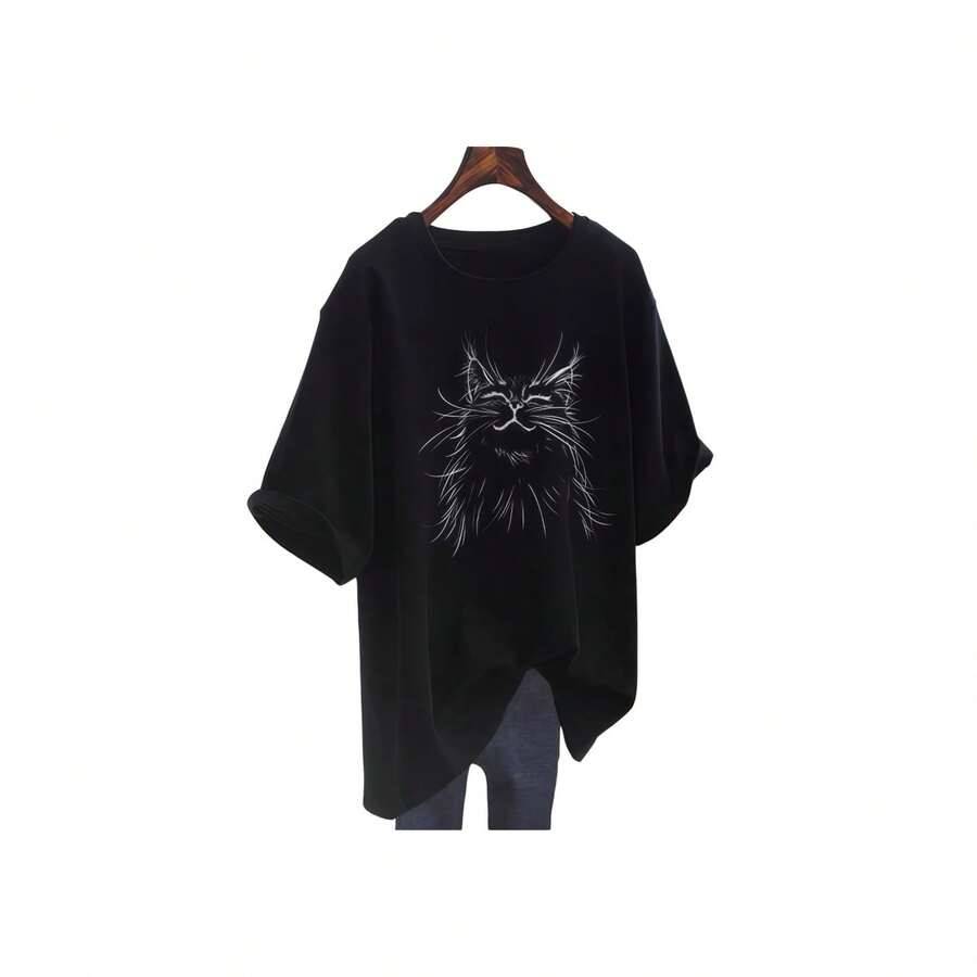 Camiseta sexy informal de manga corta con estampado de gato para mujer, elegante top de punto de largo regular con ligera elasticidad, perfecto para fiestas o para el día a día. - Negro - Ver 1