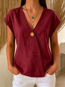 Women's Lime Green T-Shirt With V-Neck, Kimono Neckline And Decorative Button, Breathable Linen Fabric, Casual Chic Style Ideal For Holidays And Summer Looks. - 酒紅色 - 查看 3