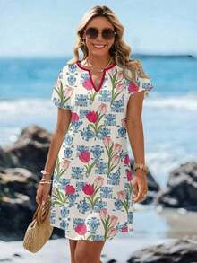 Vestido corto minimalista casual con cuello en V, adecuado para primavera y verano, ropa de verano para mujer, a rayas de colores, ropa de resort para mujer - Multicolor 6 - Ver 3