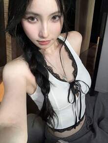 性感蕾絲拼接細肩帶前綁帶內搭背心上衣，附胸墊，適合春夏疊穿或外穿休閒白色 - 白色 - 查看 3