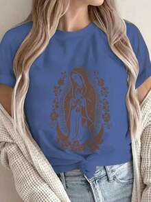 Women's Graphic T-Shirt, Short Sleeve, Round Neck, Casual, Comfortable, Cool, Lightweight, Modern, Youthful, Regular Fit, Print Of The Virgin Of Guadalupe, Monochromatic Roses And Flowers - 皇家藍 - 查看 7