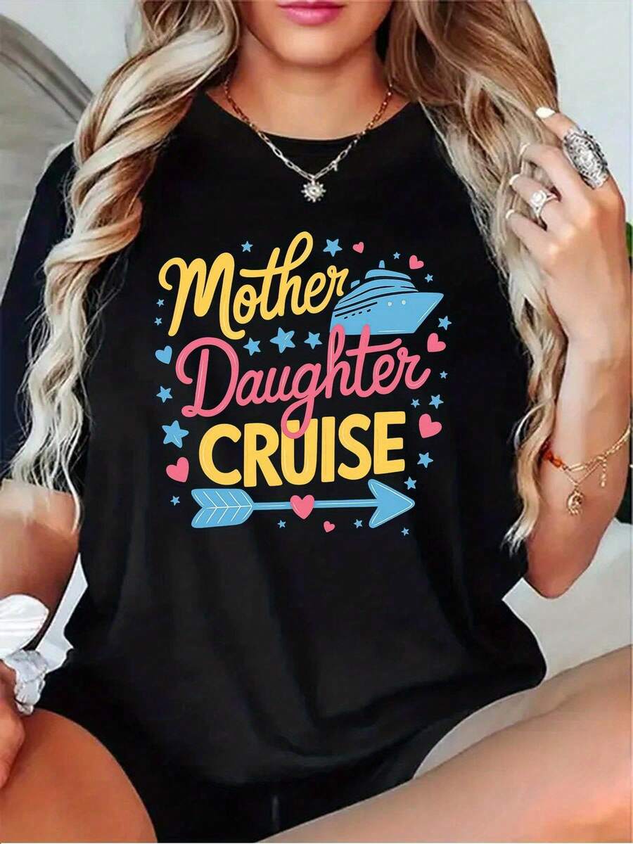 Una camiseta de manga corta para mujer, moderna, a la moda, retro, holgada, suave y cómoda, adecuada para actividades al aire libre en primavera y verano, una camiseta a juego para madre e hija - un conjunto casual de manga corta y cuello redondo para vacaciones, adecuada para todas las estaciones, disponible en varios colores (negro, gris, blanco, rojo oscuro) - un regalo sincero para madre e hija, ideal para vacaciones en crucero y uso casual.blusas para mujer,blusas casuales para dama,tops,, mujer premium,y2k,playeras de mujer curvy,ofertas y liquidaciones ropa mujer,playeras deportivas para mujer,,playeras de hombre, mujer,blusas>elegante TFK8 - Negro - Ver 1